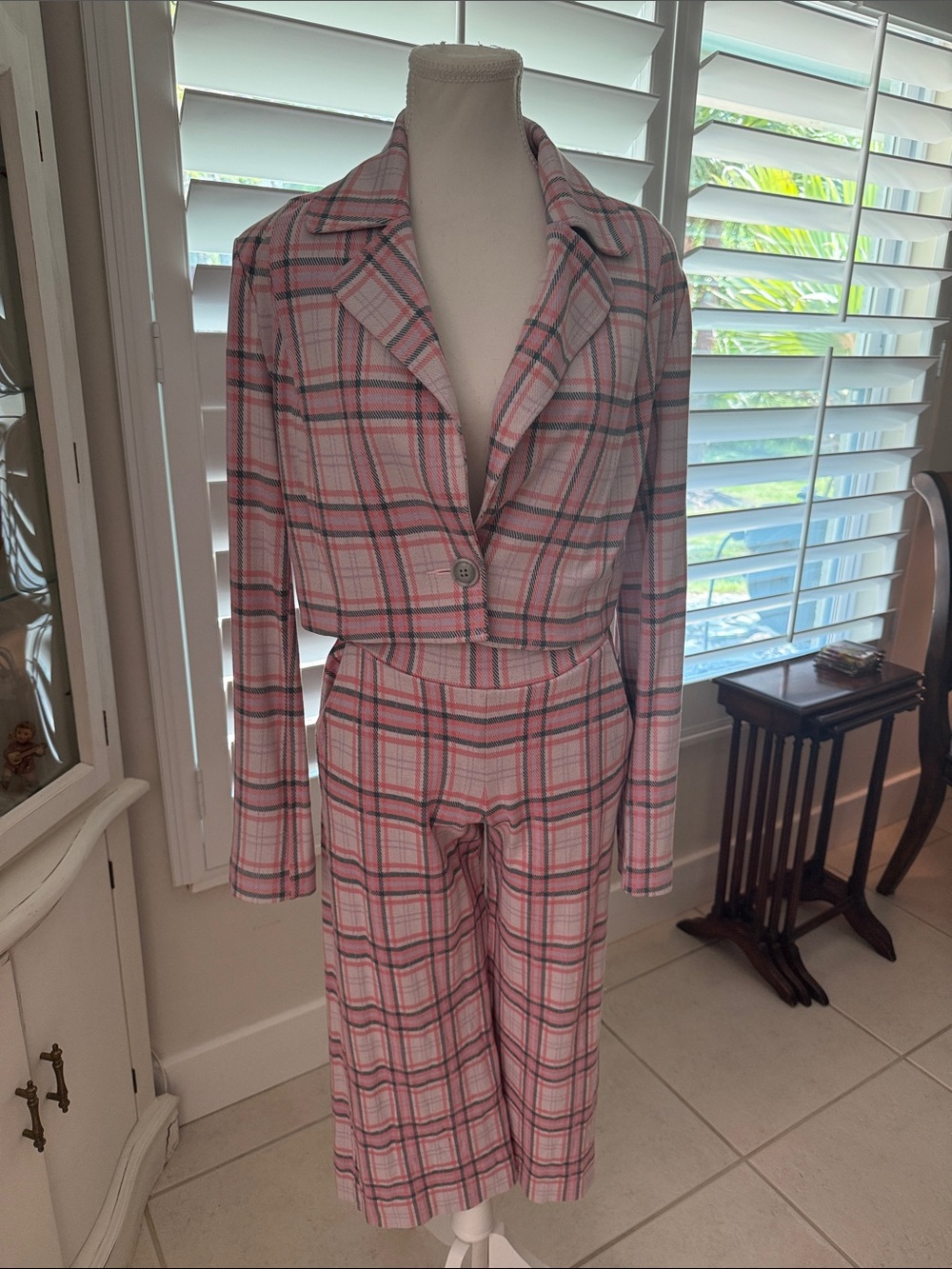 Pink Plaid Two-Piece Blazer and Wide-Leg Pants Suit